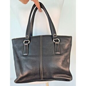 Vintage Fossil Black Handbag LeatherWhite Stitch mini Tote Bag Zipper